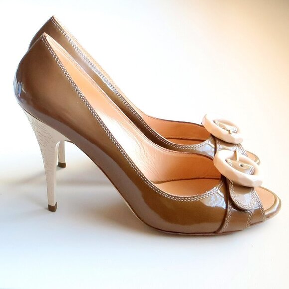 Escada Patent Leather Peep Toe Heels Pumps Designer Formal Dress Shoes Size 8.5 - Picture 5 of 16